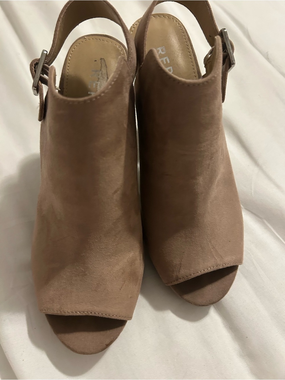 Report Taupe Suede Open-Toe Slingback Heels